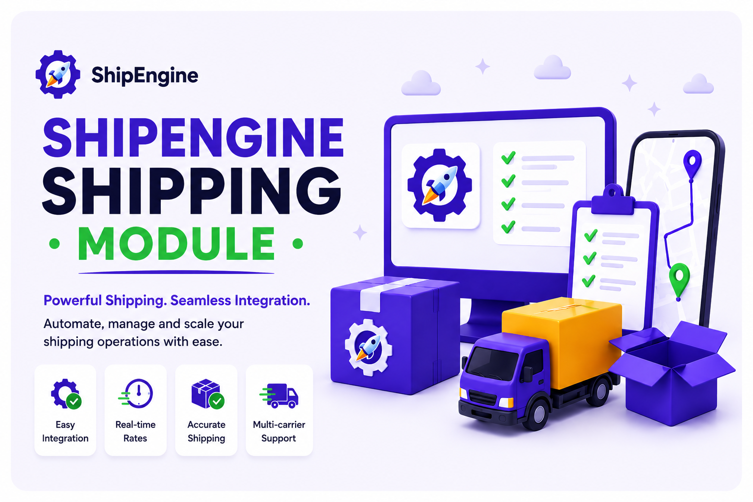 ShipEngine module illustration with carrier rates, packages, and route tracking